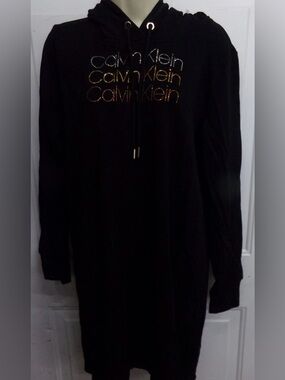 Calvin Klein Black Hoodie Dress with Rhinestone/Gold Logo Size M